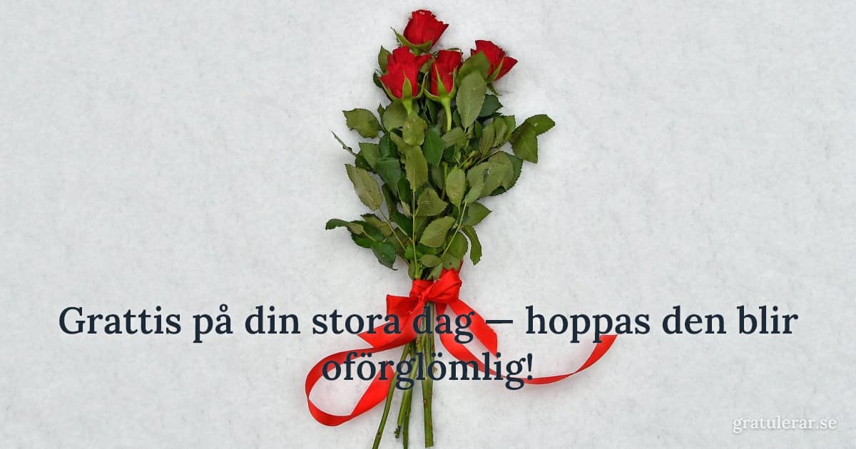 Grattis på din stora dag — hoppas den blir oförglömlig! — Liten bukett röda rosor med rött sidenband mot snö