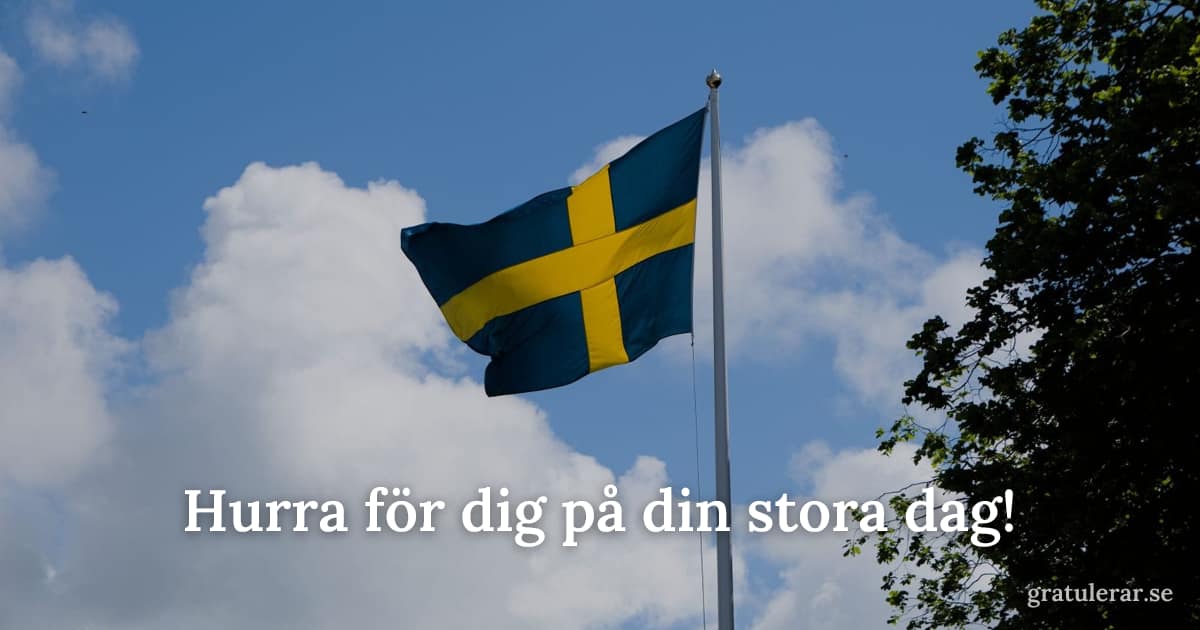 Svenska flaggan bland grönskande trädkronor — sommarflaggning