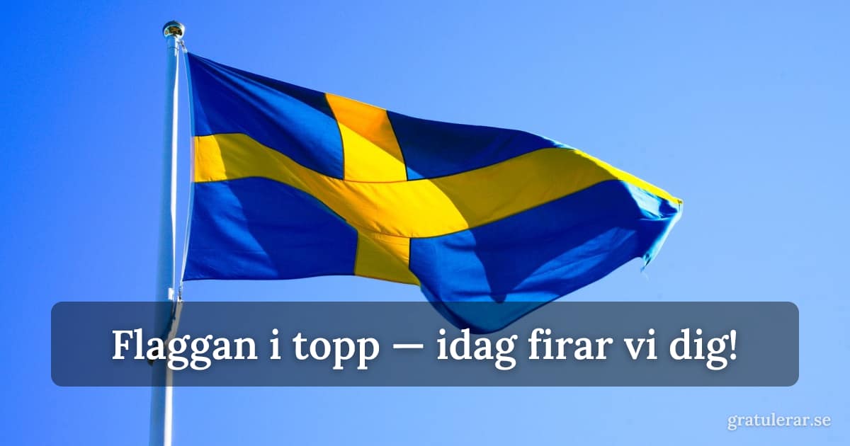 Svenska flaggan mot klarblå himmel — vajande flaggdagsstämning