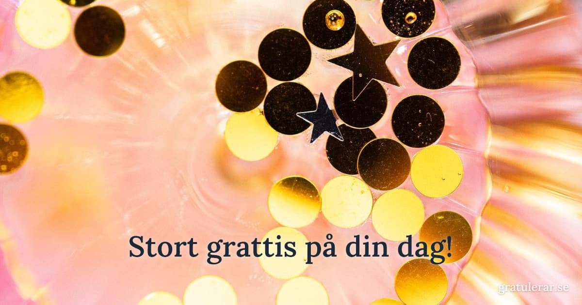 Stort grattis på din dag! — Guldkonfetti i glas mot rosa bakgrund — festlig detalj