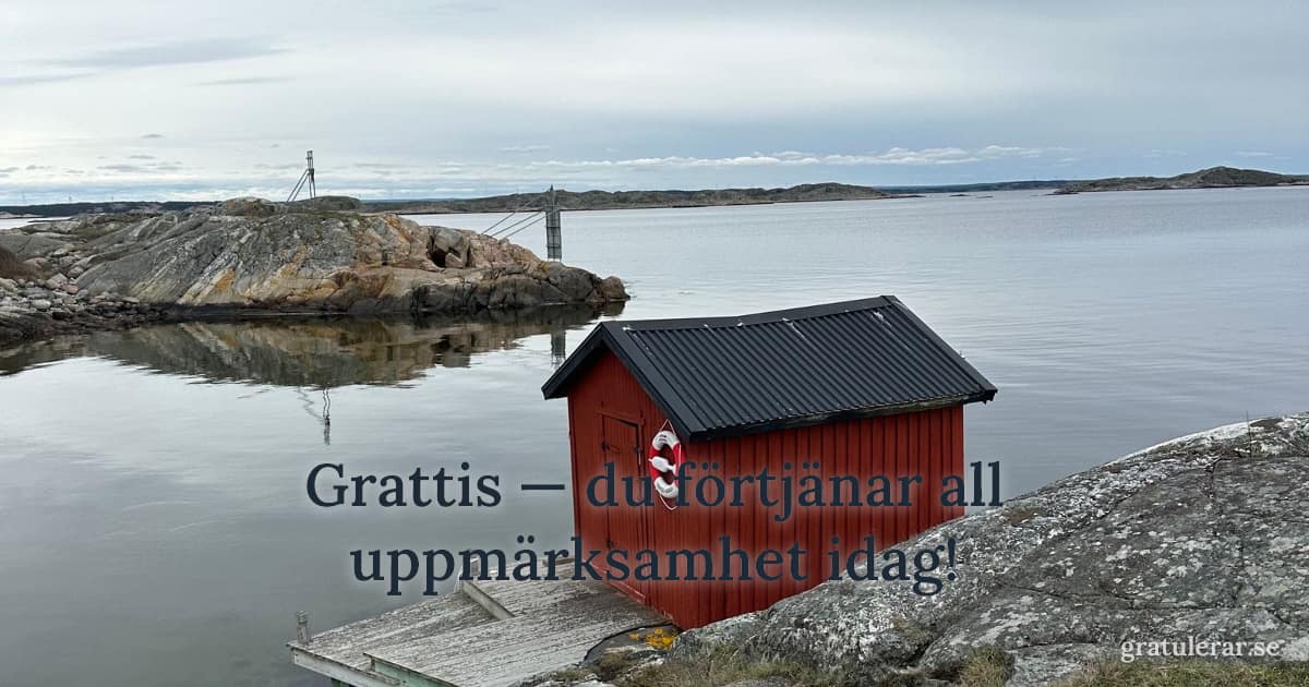 Grattis — du förtjänar all uppmärksamhet idag! — Röd sjöbod vid stilla skärgårdsvatten — svensk skärgårdsidyll
