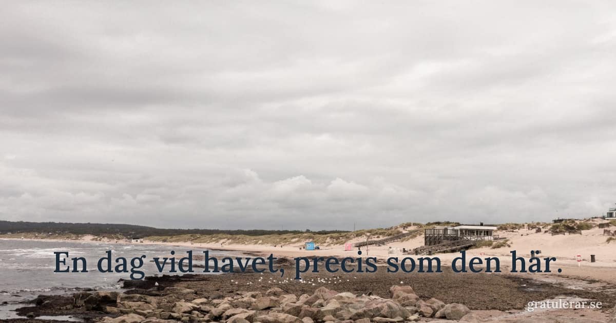 Molnig strand med sand och hav — svensk sommardag