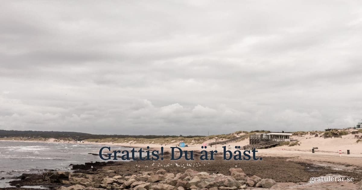 Grattis! Du är bäst. — Molnig strand med sand och hav — svensk sommardag